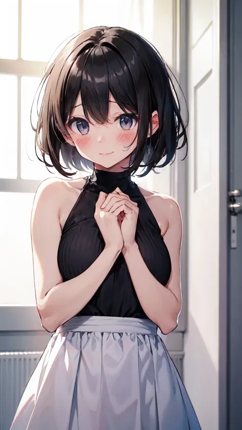 1girl,  small breasts,
white sleeveless dressface,close-up,raise your hand,I can see the side
black hair,short hair,black eyes, blush, nose blush, embarrassed, face forward,best quality,
happiness,happy, smiles, happiness/joy, 