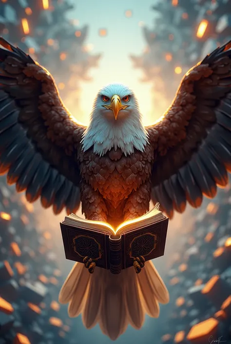 Eagle holding a book with a shiny 3D background  