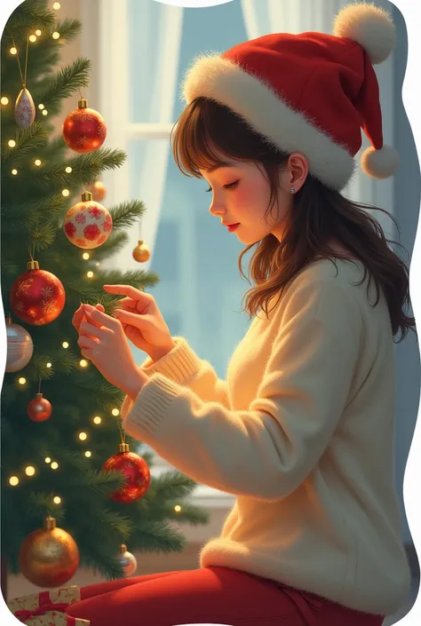 Generate an image in sticker format : A trancist arranging her Christmas tree with a Christmas hat 