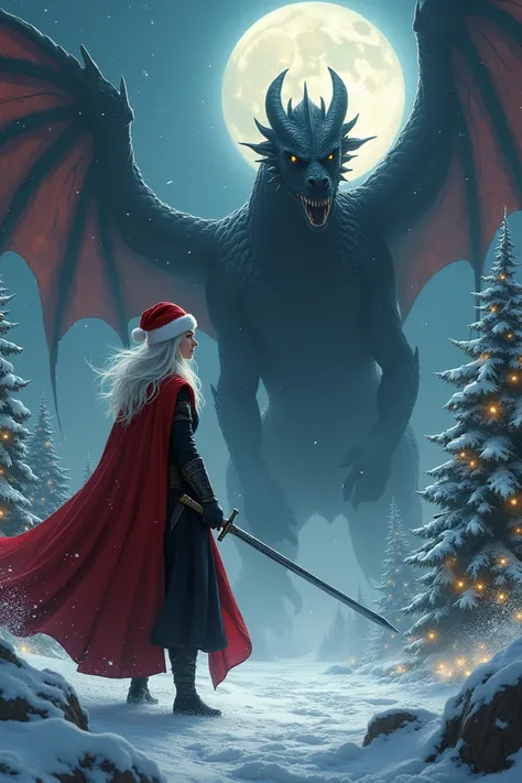 woman,  white hair, Shiny Golden Eyes,red cloak,black clothes,Christmas hat , Christmas scenario,night,sword,warrior,medieval, Black Dragon,montada Black Dragon 