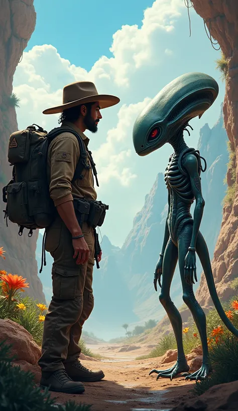 Create a person with explorer clothes, hat and pants in front of an alien as if they were talking