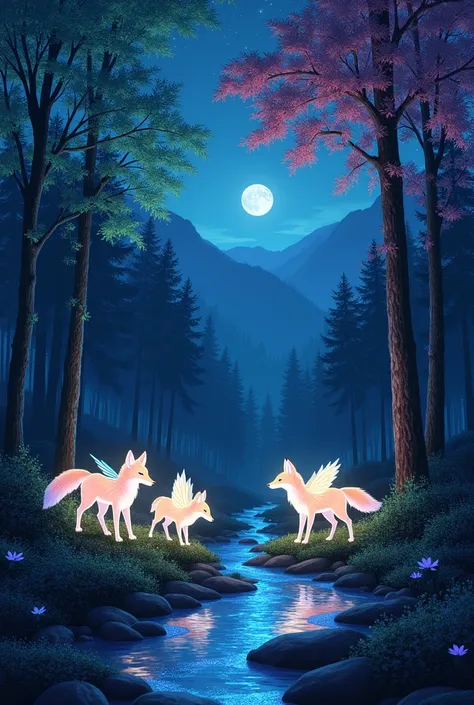 A forest of bioluminescent trees, their leaves glowing in various shades of blue, pink, and green. In the center, a group of ethereal, winged foxes with glowing fur play around a sparkling stream, while distant mountains are bathed in soft moonlight.