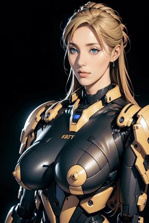 front:1，tech suit ，busty mature beauty， blond hair，Broad shoulders，Saggy  ， to show off her cleavage， detailed mech details， pretty eyes，Delicate face，masterpiece， black background