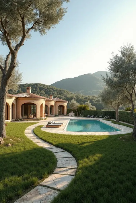 Create a picture of a 6.500 square meter land parcel with a few olive trees with grass around them  and three rounded luxury cob houses in it with pools and and stone paths leading to them
