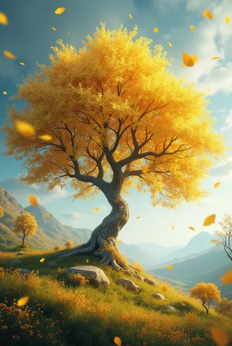 Golden tree with silver leaves, gold and silver flowers, landscapes, falling leaves