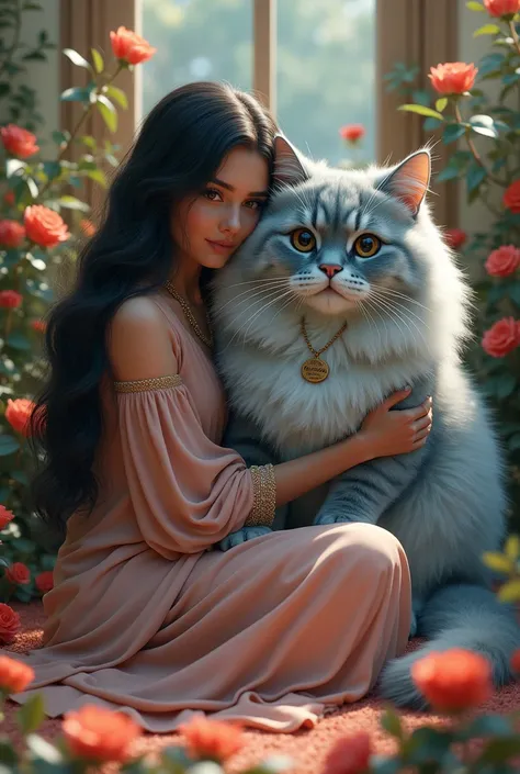 A long-haired woman with dark hair in a beautiful loose Pakistani dress wearing a beaded purple long sleeve top sits while hugging a giant blue tabby maincone cat , The cat is bigger than usual its fur is so thick with round eyes the cat wears a necklace w...