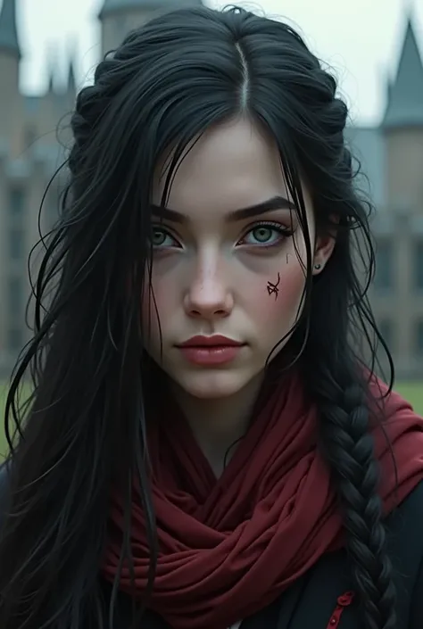 An attractive  girl, black hair, long hair, wolfcut hairstyle, sleepy eyes, grey eyes, emotionless expression, scar on eyes, braided hair, in Hogwarts Gryffindor robes, sharp features, sharp jawline, Hogwarts background, no freckles, greek nose, narrowed e...