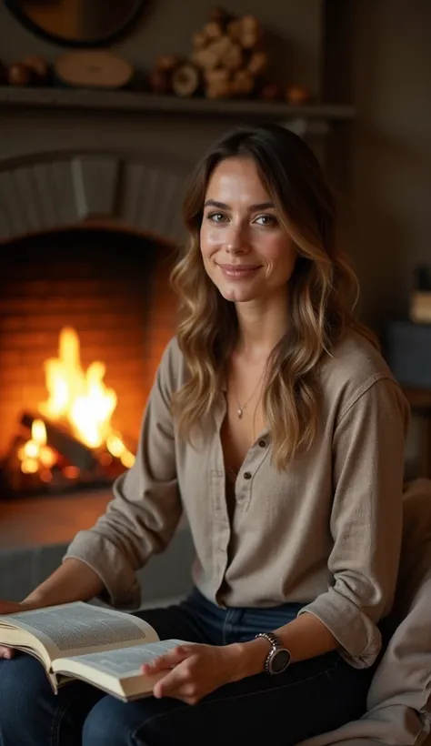 A 36-year-old woman in a modest top, sitting by a fireplace with a book.