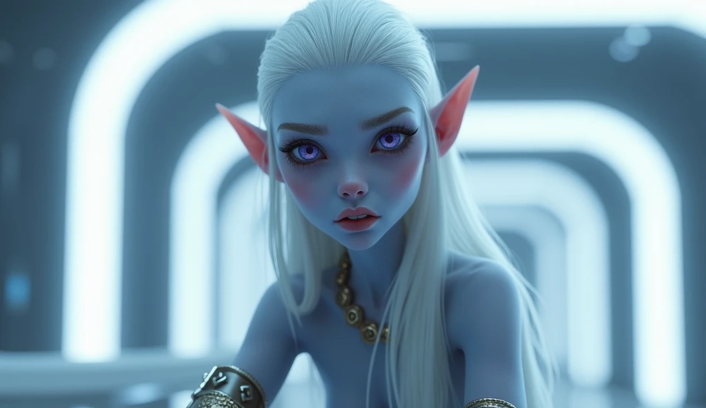 Character: Interested woman with model beauty, female gender, name Ka’arli, age equivalent to 30 human years.
Physical characteristics: Light blue skin with a slight shine, long silvery-white hair, large lilac eyes, pointed ears.
Accessory: Wearing thin me...