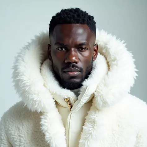 Portrait of a Dark man in all white winter coat, fluffy, studio shoot, detailed, high quality