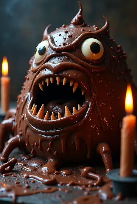  large chocolate cake,  Chocolate Cake Monster 、Chocolate Eyes 、 Chocolate Hooks 、 Chocolate Fangs 、 Chocolate Nails 、 Candles Are Stinging and Flames Are Scattering、Dark Background,  High Definition Photos , Wet texture,  Frosting ,  Studio Photos ,  Shal...