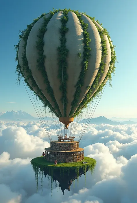 A floating library island in the sky, tethered to a giant air balloon, surrounded by soft, puffy clouds. The island is covered in winding ivy and has a grand reading room with transparent walls, allowing visitors to look out over the endless horizon of blu...