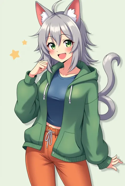 Create a woman with big breasts in anime style with cat ears and tail and gray in color, orange pants, Green Cotton Kangaroo Cata Poleron, cordón blanco,  green eyes, blue t-shirt,  happy face, messy gray hair 