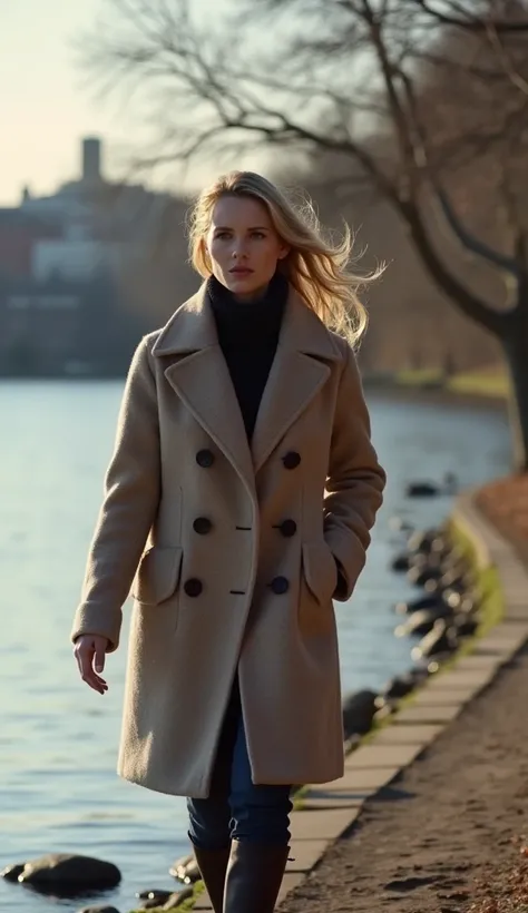 A 37-year-old woman in a wool coat, walking along a riverbank.