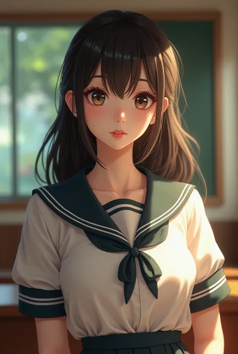 (masterpiece, best_quality:1.2), 1girl, solo, cute, huge_breasts:1.4, school_girl_outfit:1.5, detailed eyes, detailed lips, long eyelashes, beautiful, elegant, serene expression, intricate details, photorealistic, studio lighting, vivid colors, realistic, ...