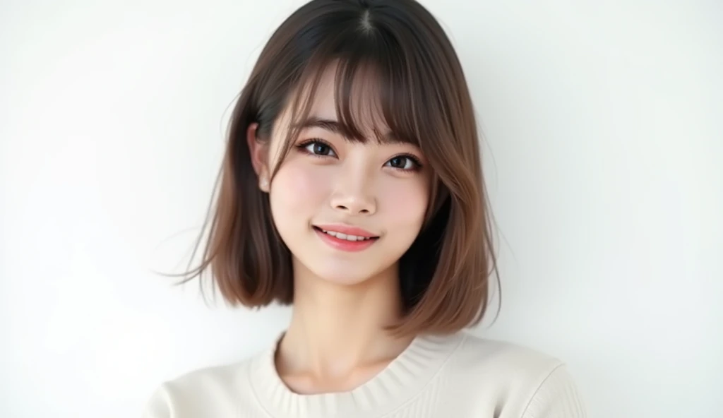 8K,masterpiece,full body,a woman,cowboy shot,upper bpdy,( blunt cut bob hairstyle),(highlights),japanese woman,30years old,smile,realistic,black eyes,viewed from a slight right-front angle, (medium brown with greige highlights),sleek and clean,(pure white ...