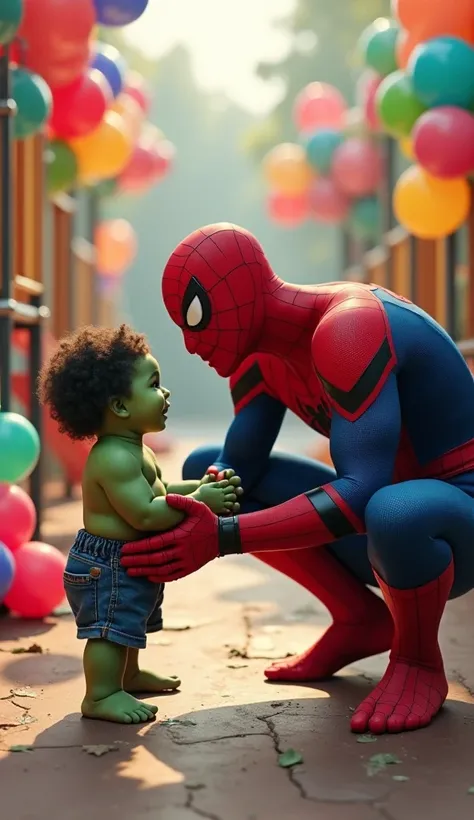 make me spiderman character, playing with baby hulk in a playground full of balloons, full body shot, realistic HD