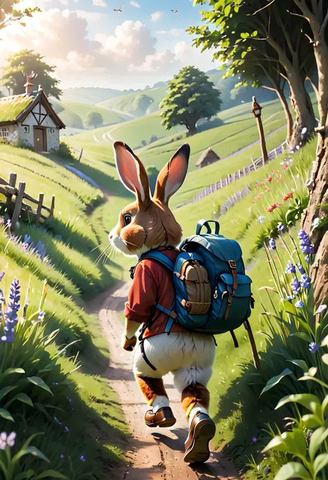 an adventurous rabbit through the countryside with a backpack on his back