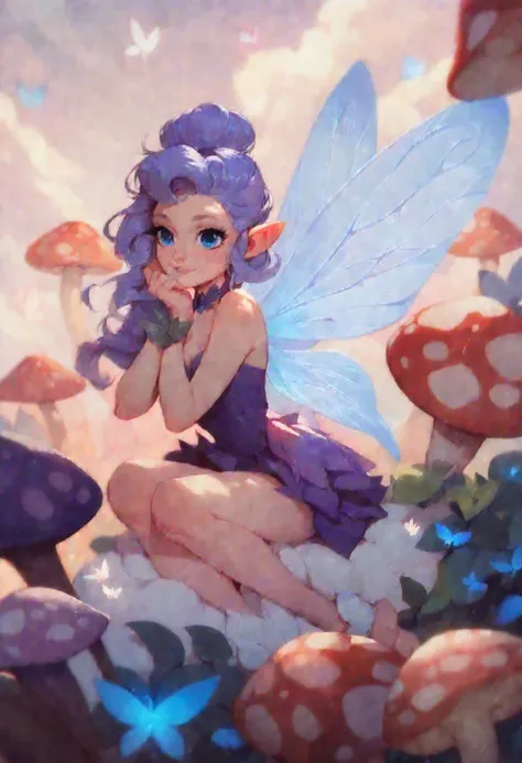 1 girl , cute , fairy , white wings , purple fairy dress , blue eyes , sit on a mushroom , cloudy , aesthetic purple