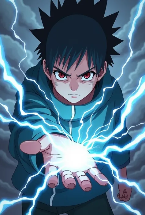 Lightning in the hand of a young boy, raikiri technique from naruto, style from naruto anime