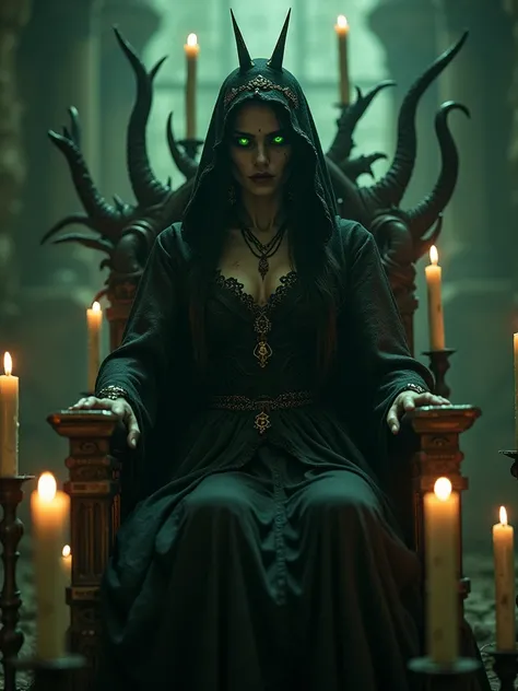 "Create an 8k image of a haunting, undead sorceress standing atop a twisted, gothic throne, surrounded by a halo of eerie, flickering candles. Her skin is deathly pale, with dark, prominent veins and sunken eyes that burn with an otherworldly green fire. I...