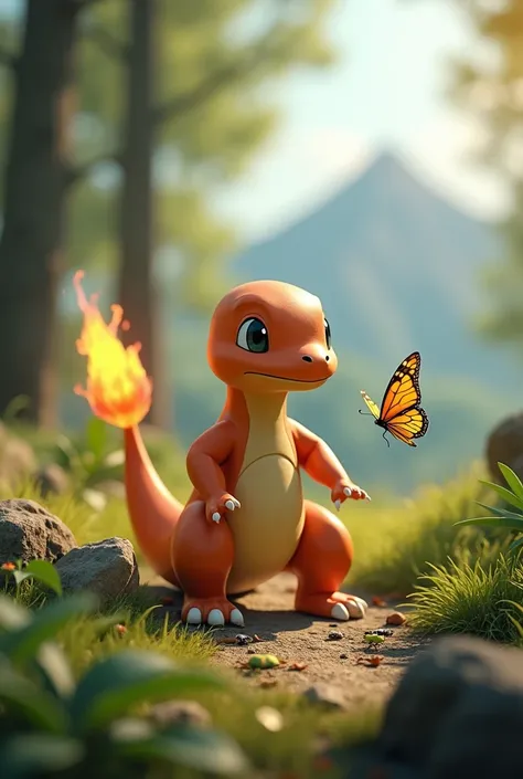 A hyper-realistic 3D render of Charmander, a Gen 1 Pokémon, exploring a sunny forest clearing. Its smooth, lizard-like skin reflects soft sunlight, with faint textures similar to a real gecko. The tail flame flickers naturally, casting dynamic light on the...