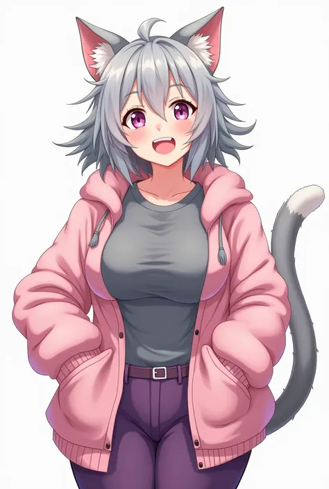 Create a woman with big breasts in anime style with cat ears and tail and gray in color, purple pants , Pink Cotton Kangaroo Cat Poleron, cordón blanco, pink eyes, grey t-shirt,  happy face, messy gray hair 