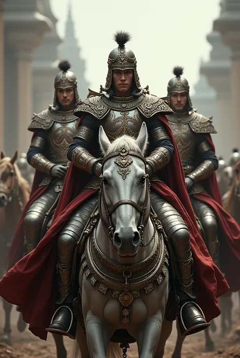  3 handsome warriors of the royal majapahit, Wearing war clothes ,  ride a silver-plated horse .