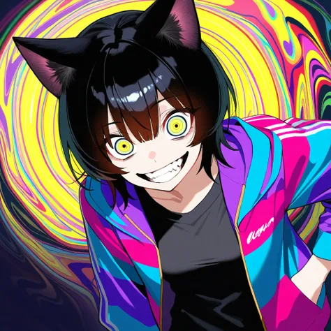 score_9,score_8_up,score_7_up,source_anime,rating_safety,masterpiece,best quality,hyper detailed,super fine illustration,8k,face forcus,BREAK 1girl,psycho,22yo,solo,black hair,short hair,solo,cat ears,crazy eyes,crazy smile,(psychedelic color jacket:1.2),T...