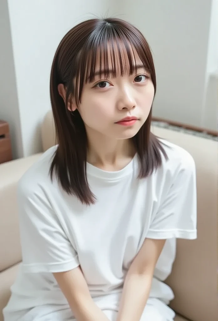  close-up portrait , slender East Asian woman with bangs ,  bright and pure colors stand out 、 Im wearing a striking white oversized t-shirt.  relax on the beige sofa 、 sitting in a playful pose Yes , Legs crossed slightly 、 is barefoot on the couch .  Her...