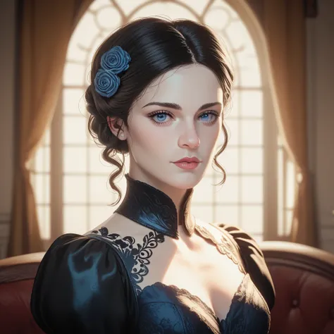 Beautiful, woman with long black hair, blue eyes, pale skin, in an Edwardian dress, in an edwardian English home, Solo, High Resolution, Masterpiece, Anatomically Correct, Accurate, Best Quality, Expert Lighting, Detail, Textured Skin,