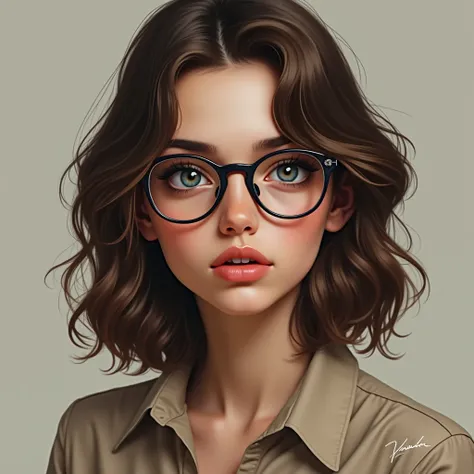 An 18-year-old woman with a small head, beige skin, light brown hair, medium-length hair, dark blue eyes, and a firm cheek on her face. She is a Saudi woman without a hijab and wears glasses, 