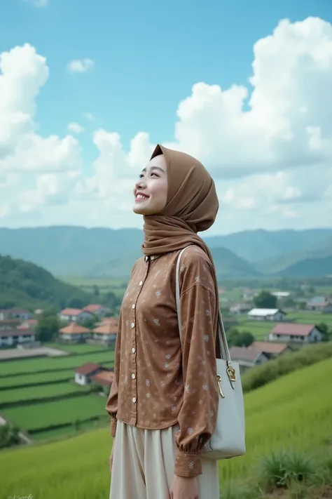 A young woman, standing facing left, looks up smiling. She is wearing a brown, slightly white hijab, and a normal brown shirt with a silk-like pattern, carrying a white bag and cream-colored Muslim pants. with background blue sky full of clouds, he is stan...