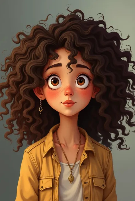 Long really curly hair a light brown,brown eyes few freckles tall enough about  cartoon style but a little realistic pretty  normal body very big eyes big lips  a light skintone  about 13 but remember really curly curly hair 