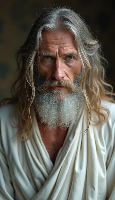 (symmetry),centered,a ((close)) vertical portrait,(jesus), A very thin white man with long hair and beard, wearing a long white robe,35mm,natural skin,clothing detail, 8k texture, 8k, insane details, intricate details, hyperdetailedHighly Detailed,realisti...