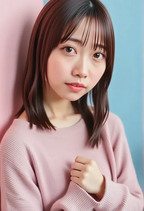 young,  and soft  , Natural Cosmetics ,  wear trendy clothes ,  discreet  ,  pure white clothes.   she looks great on a pastel pink and blue background She poses nicely  ,  while covering things inspired by K-pop aesthetics .  Her makeup is understated ,  ...