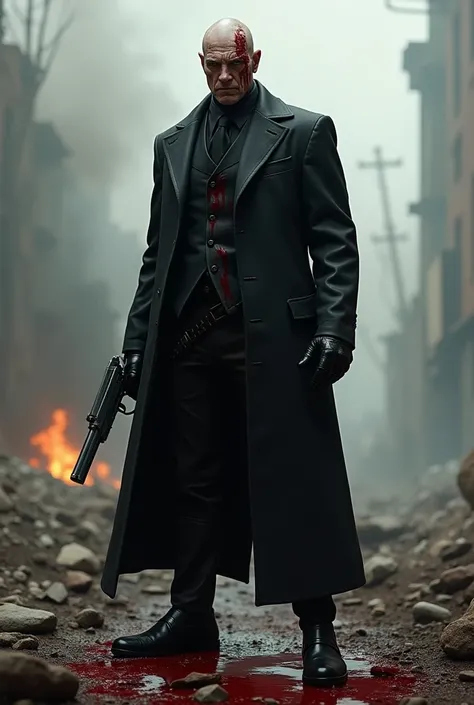 A bloody warrior in black suit 