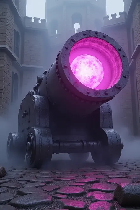 cannon,Castle hall background, fantasy world,There are pink , Purple energy coming out in the form of a huge energy ball inside the cannon, completely made of metal ,no legs, it looks like a technological cannon ,4 meters high and wide , Open mouth, floati...