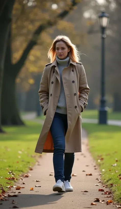 A 35-year-old woman in a trench coat, walking through a quiet park.