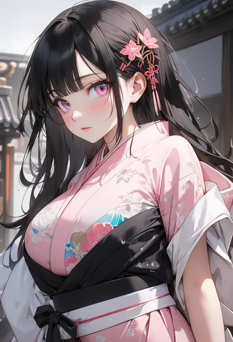 ((masterpiece,  top quality,8k,  super high resolution))、1 girl、　Age 25、　(cowboy shot 、singleforcus  )、( embarrassing) 、 is staring　　  、   long eyelashes　　 、  black hair 　　、 long hair　　、(spiderlilyhairpin)　、　 pink eyes　、  slender body  　,   Big Breasts　、((...