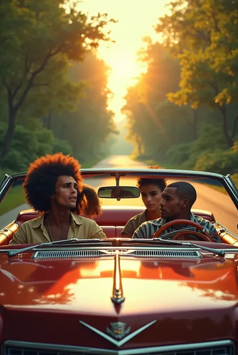 a young black man with black power hair, a young black man with shaved hair, a young black woman and a white man inside a cadillac car in the 70s having fun while driving down the road