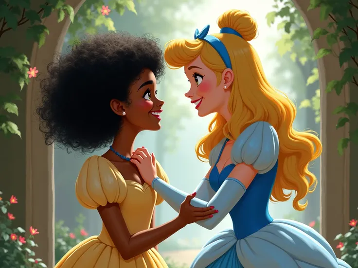 Disney princess Cinderella playing with a  with black and curly hair