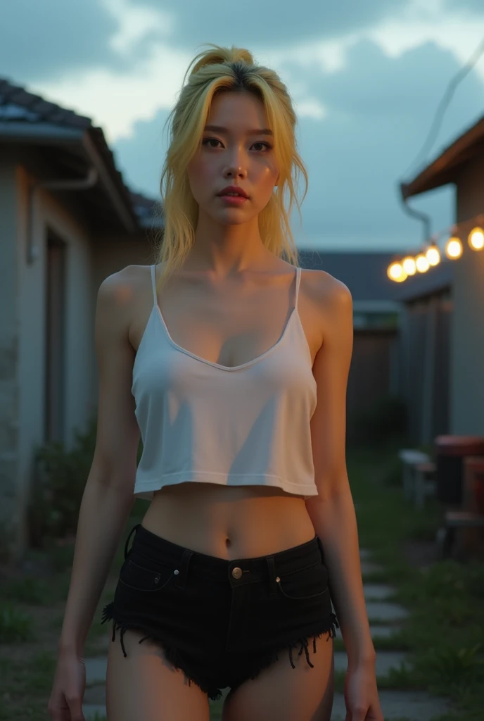 extremely detailed, 30 years old south Korean woman, yellow ponytail hair, average body with average cleavage and average buttock, sexy white camisole singlet, very short black pants, walking at backyard, cloudy evening, full body pose