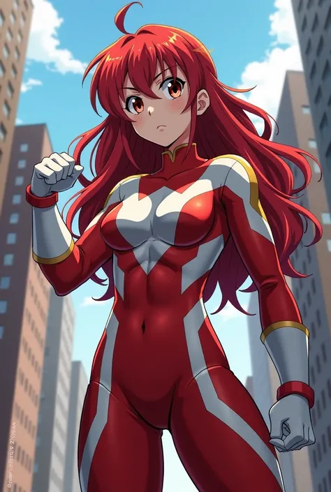 My Hero Academia Style , Anime girl, female, young female ,Full Body Shot,(fighting stance:1.3),Long hair, Red Hair,  Brown Eyes,Hero Suit, Full Body Suit, red suit with white details, perfect anatomy,  （Toughened Abs）,super detailed,(Buildings:1.2）