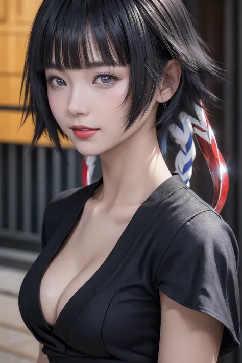  software , An upshot of a person with short hair and a black kimono, thirst, thirst from anime bleach, as an  Anime Characters, Perfect anime face, she has  black hair with bangs, female  Anime Characters,  Anime Characters,   anime best girl  ,   small c...