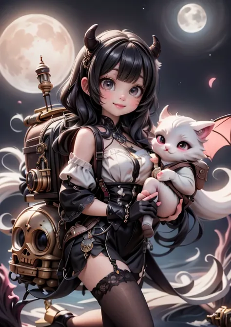 A whimsical demon girl, ankle strap pumps and alluring hosiery shining in the moonlit sky carrying an steampunk adventurer backpack. She beams with delight as she travels on a majestic steampunk flying vehicle, surrounded by an ethereal sea of floating lan...