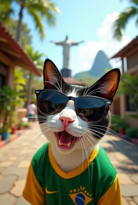  A black and white cat taking a selfie with a cheerful expression, with sunglasses. He is dressed in a green and yellow Brazilian soccer jersey, representing a stereotypical Brazilian style. In the background, the iconic statue of Christ the Redeemer of Ri...