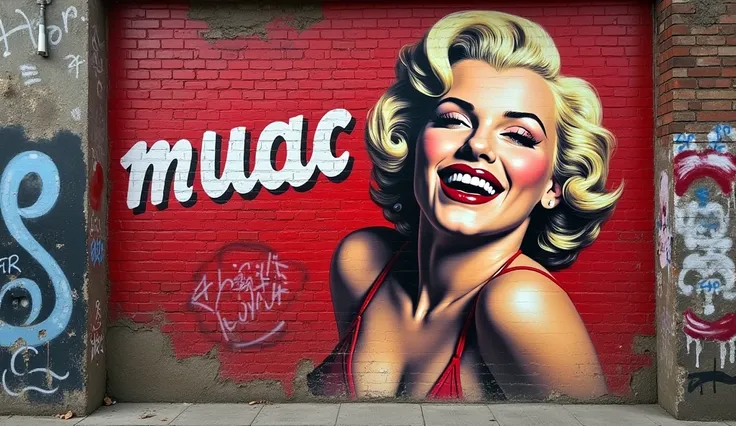 pin-up girl, painted on a brick wall, Marilyn Monroe, red lips. street art, worn graffiti, phrase written with lipstick., ""Muac."" laughing big smile 