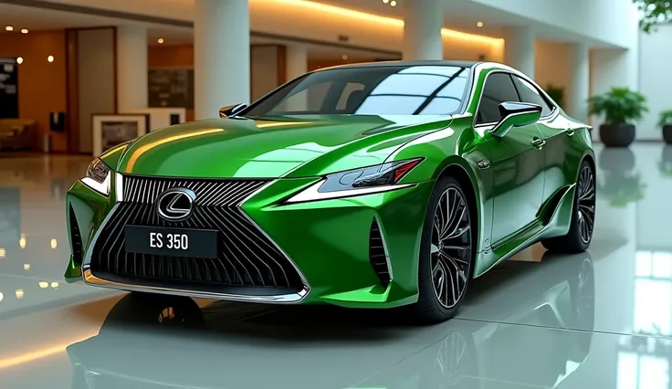 Create a realistic render of a car design featuring the 2026 Lexus ES 350 The car should be viewed from the [front side view in [Color cgreen colour car. Include a [Lexus ES 350] Logo prominently on (front side, ,The license plate should display [ES 350 Th...