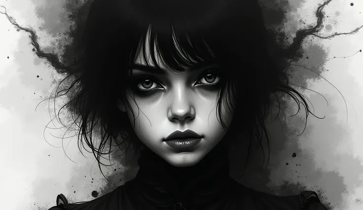 Sweeping dark duotone ink washes expressing gothic girl as rhythms of change --ar 3:2 --style raw 